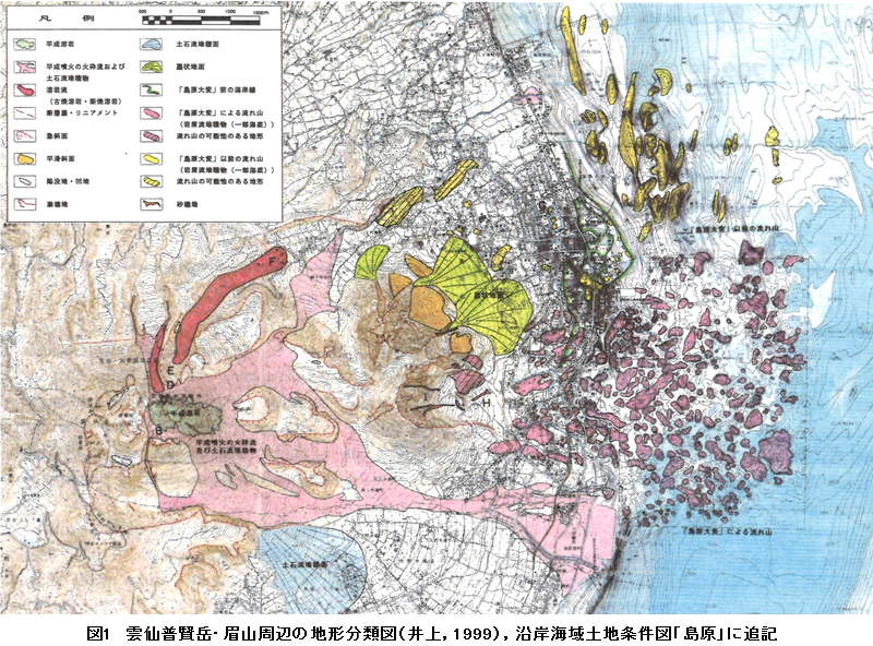 図1 雲仙普賢岳・眉山周辺の地形分類図(井上,1999),沿岸海域土地条件図「島原」に追記
