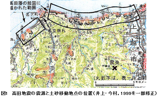 図1 高田地震の震源と土砂移動地点の位置(井上・今村,1999を一部修正)