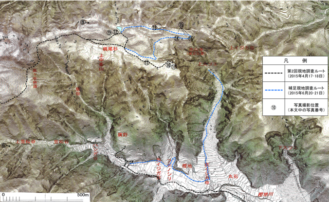 図3 名留川地区のエルザマップ(上図:5mコンター,下図:1mコンター)LPデータは四国山地砂防事務所提供 上図には名留川地区の小字名を追記)