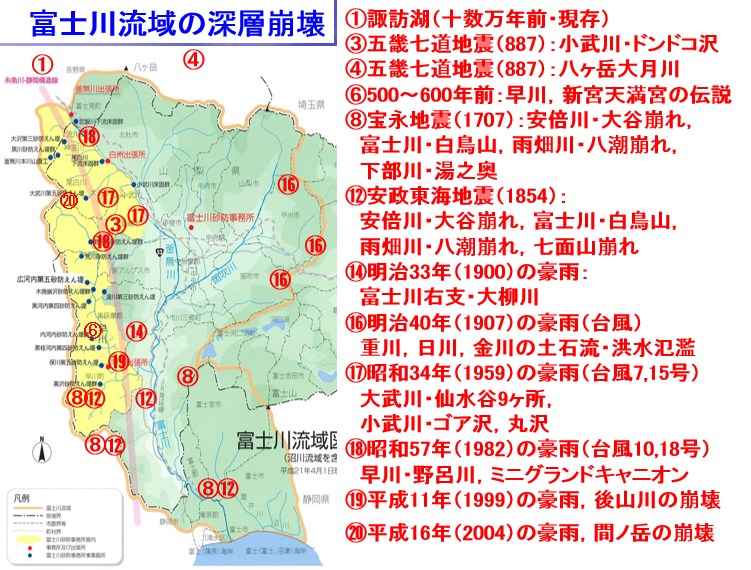 図1 富士川流域の深層崩壊(富士川砂防事務所の資料などをもとに作成,井上,2011)
