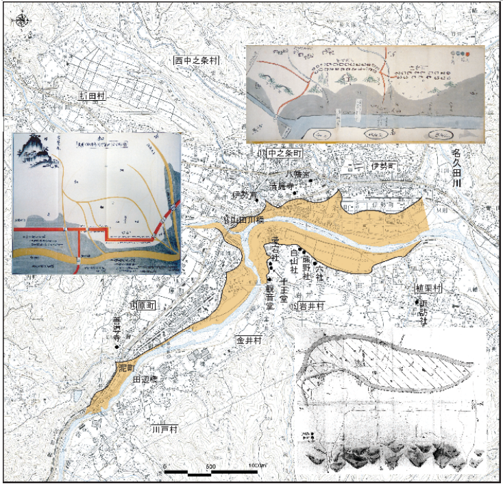 図4 中之条盆地付近の史料や絵図による天明泥流範囲の復原(国土交通省利根川水系砂防事務所,2004,井上,2009)