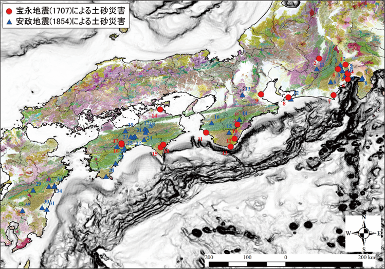 図1 宝永地震(1707)・安政地震(1854)による土砂災害分布