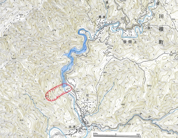 図6 遠見山の崩壊と天然ダムの湛水範囲(1/2.5万地形図「石上」,2005年更新)