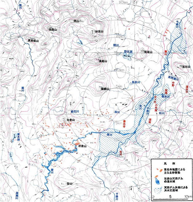 �}3�@���쌧�k���̐ڕ��ʐ}�i1km�J���ߕ��j�ƑP�����n�k�̓y���ЊQ�n�_�i���C2007�j�F�̕����͊�q�R�V�R�_���̒X���͈́C�̎ΐ��͌����̍^���i�g�̔×��͈�