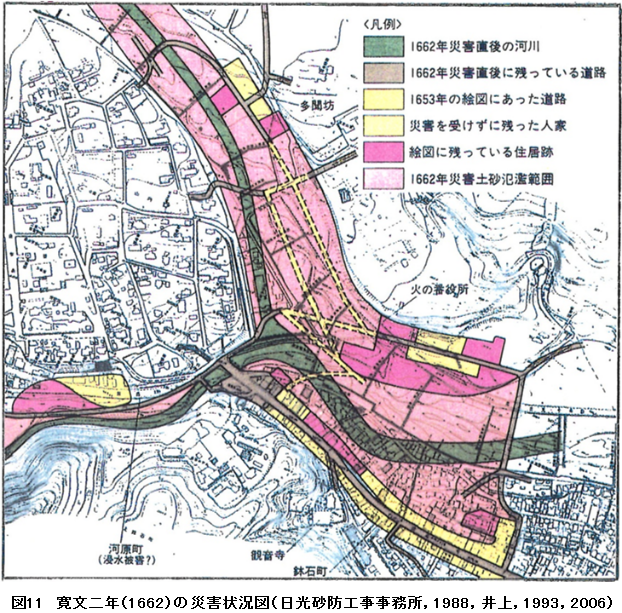 図11 寛文二年(1662)の災害状況図(日光砂防工事事務所,1988,井上,1993,2006)