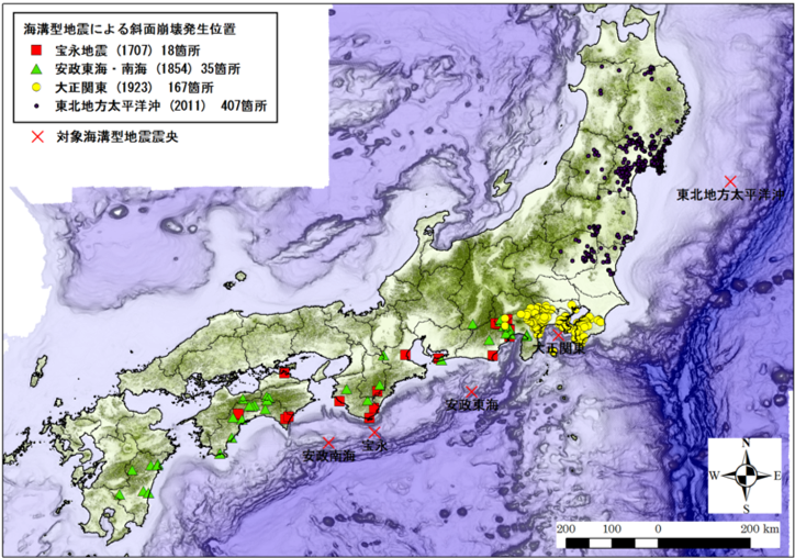 図1 4つの海溝型地震による土砂災害地点の分布図(井上,2013,一部追記)防災科学技術研究所客員研究員(現消防庁消防研究センター研究官)土志田正二作成