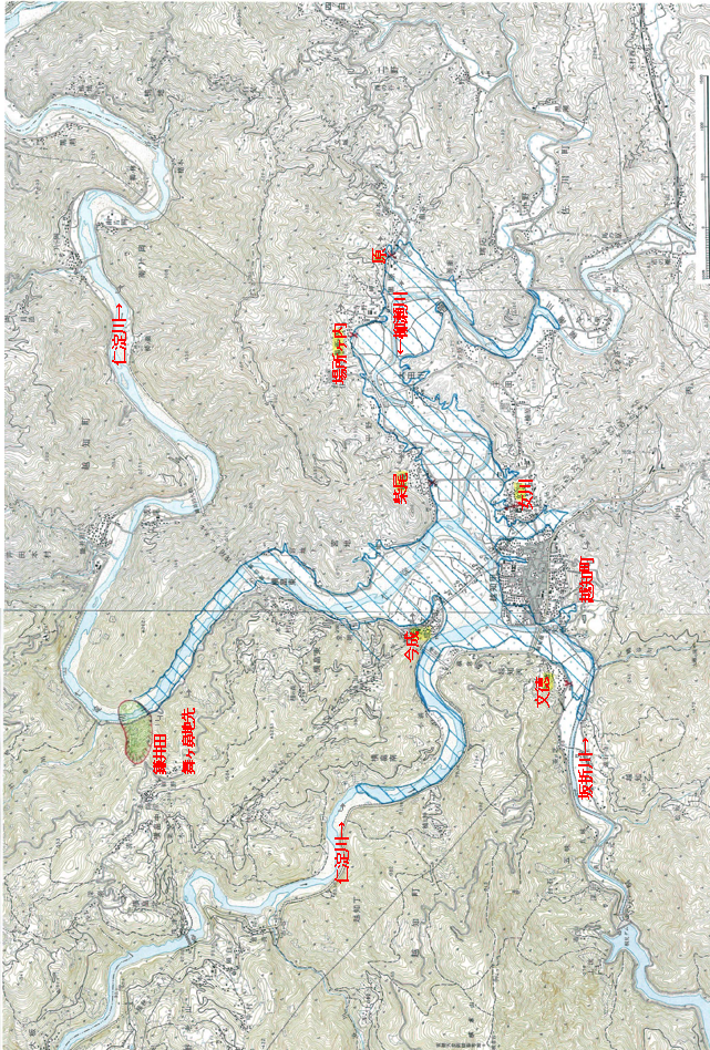 図2 仁淀川越知町の天然ダムの河道閉塞地点と湛水範囲,石碑の位置(井上・桜井2009)