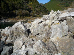 写真5 巨大な硬質角礫が密集する台地(2008年12月井上撮影,対岸に舟で渡る)