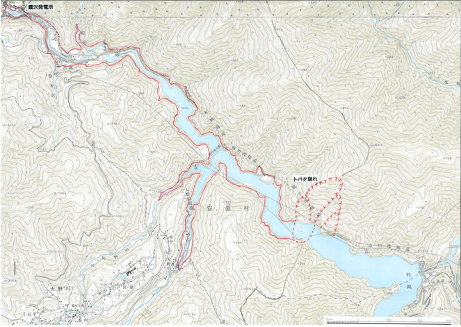 図2 梓川上流の奈川度ダムとトバタ崩れ・天然ダムの位置図(1/2.5万地形図「梓湖」,2001年修正測量)(森ほか,2007)