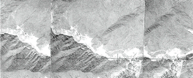 写真1 梓湖湛水前のトバタ崩れ付近の航空写真(山−535,C25−11,12,13,1968.9.20)(森ほか,2007)