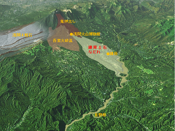 図2 天明三年(1783)浅間山の噴火状況 を示す立体地形図(井上,2009)