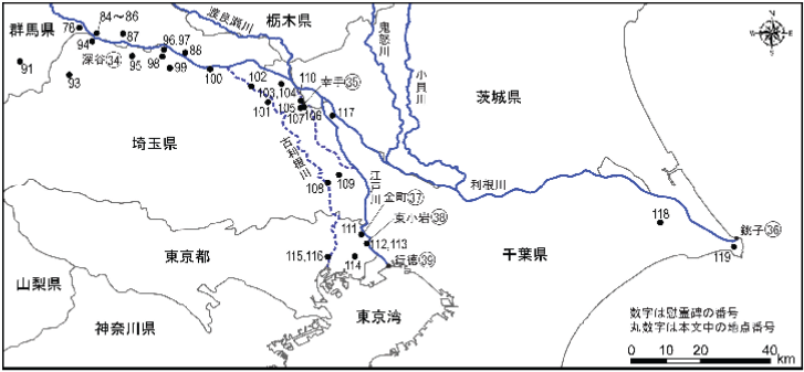 図7 利根川中・下流、江戸川沿いの天明災害供養碑の分布図(井上,2009)