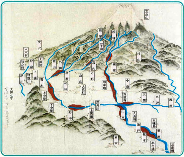 図2 富士山焼砂押流荒地絵図(岩本村文書・国文学研究資料館所蔵)に地名を追記