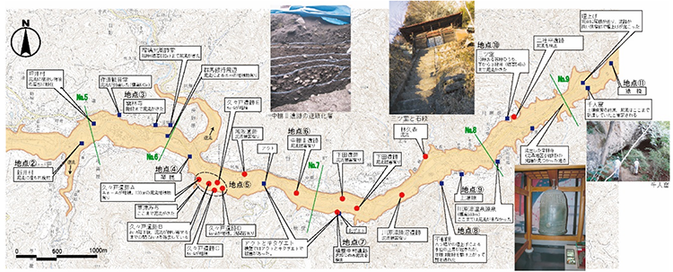 図10 天明泥流に覆われた遺跡と泥流の到達範囲(長野原から吾妻渓谷)
(群馬県埋蔵文化財調査事業団の報告書などをもとに作成;井上,2009a)