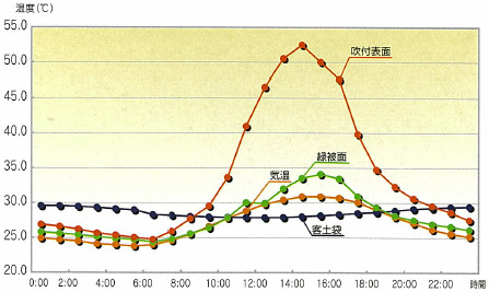 吹付のり面と緑被面の夏季の温度変化
